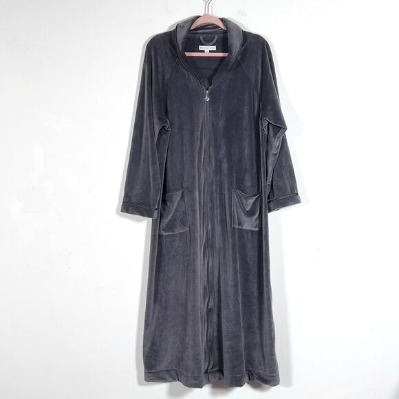 Eileen West  Full Zip Longline Loungewear Robe Womens Sz L/XL Gray Velour Plush - Picture 2 of 10